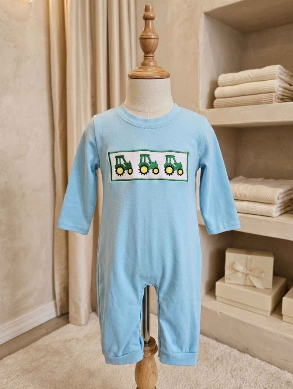 Honey Bean Pastel Blue Tractor Romper – Sweet Farmhouse Cutie (Sz 12M)
